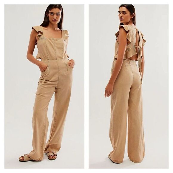 Free People NWT LOVE BITE JUMPSUIT Ruffle straight leg Sz XL